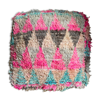 Moroccan Berber pouf colored in pink wool, turquoise blue, brown
