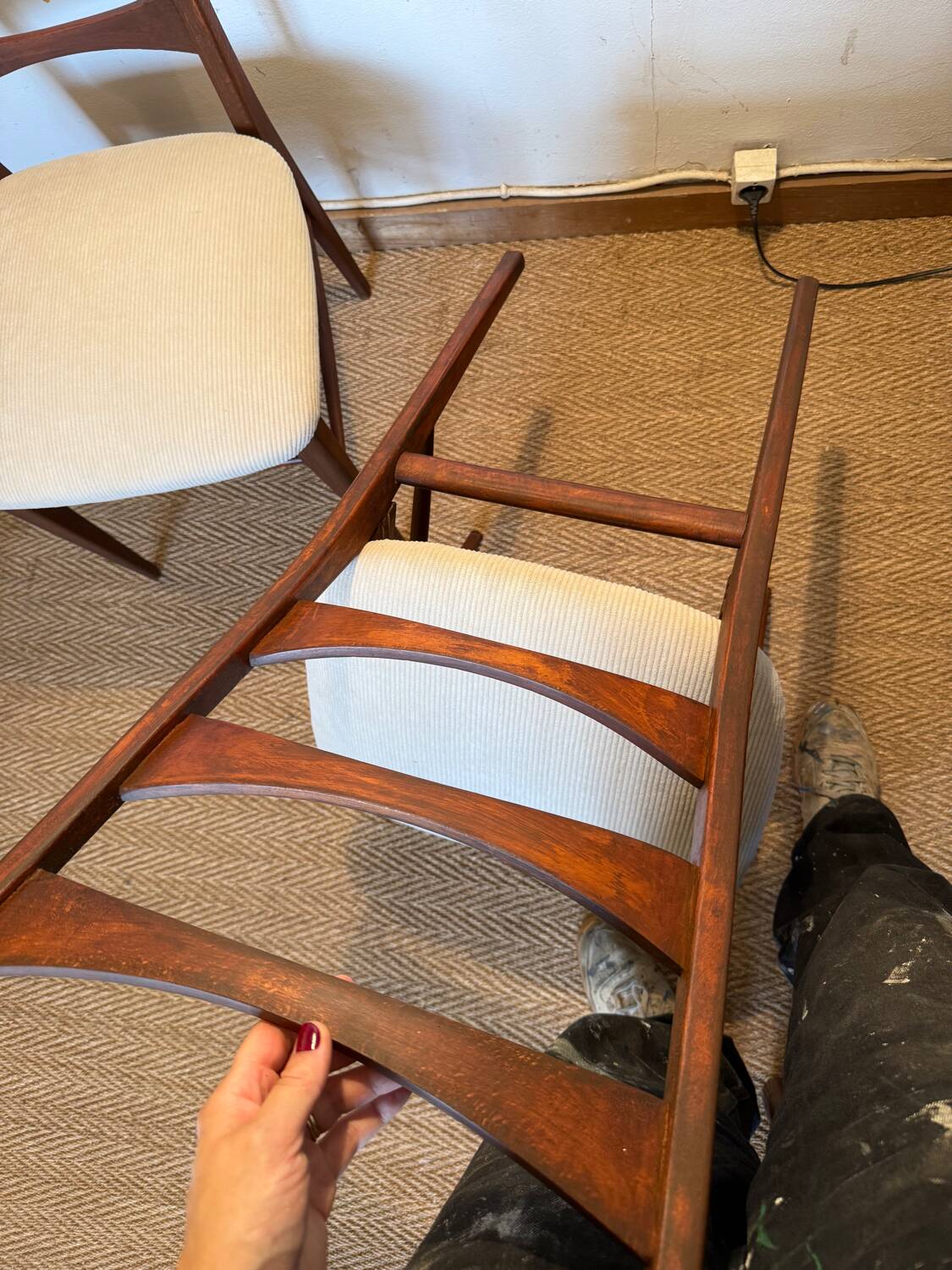 Pair of vintage wood and corduroy chairs