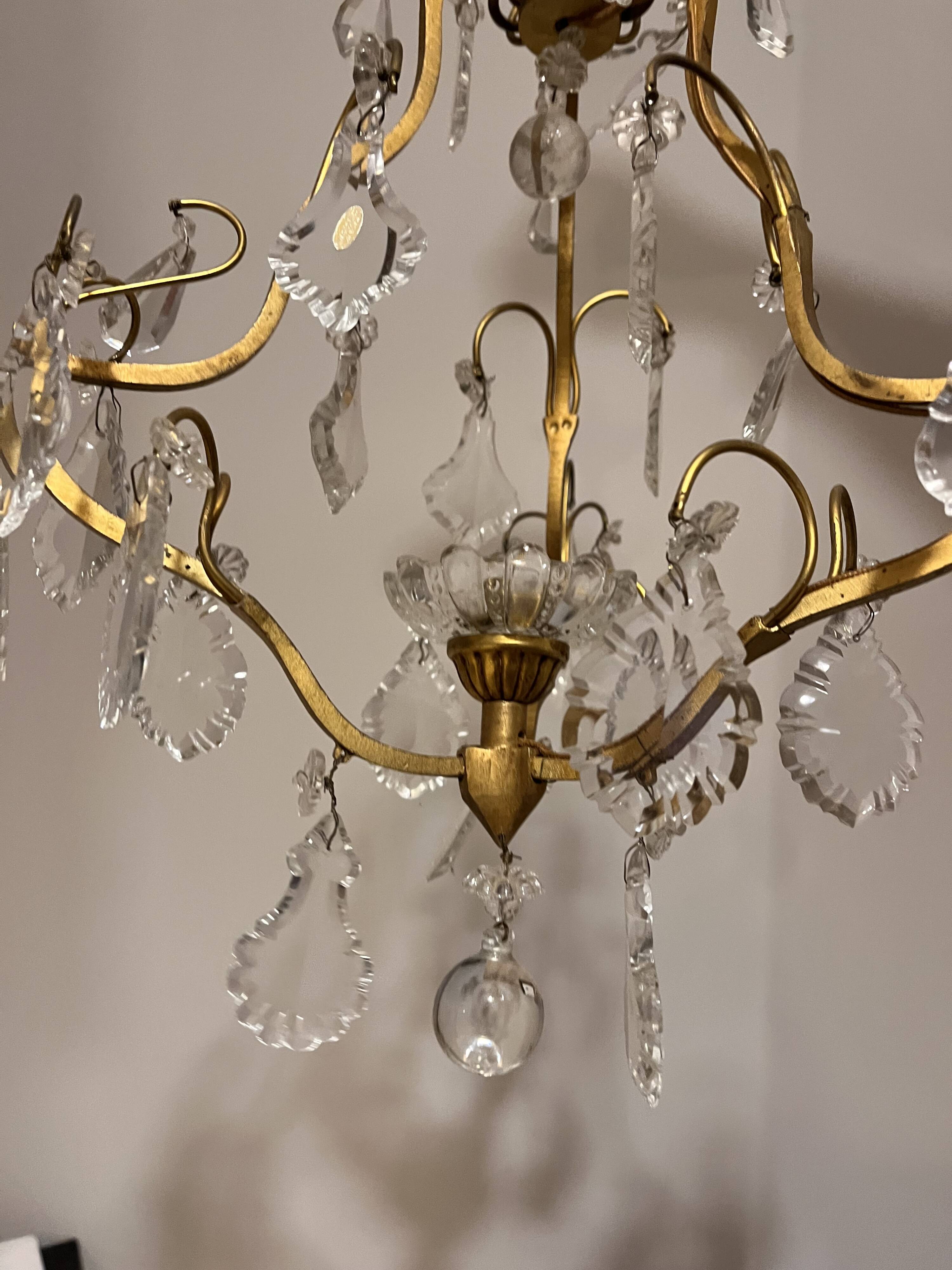 Vintage Czechoslovak brass chandelier with pendants – Bohemian crystal