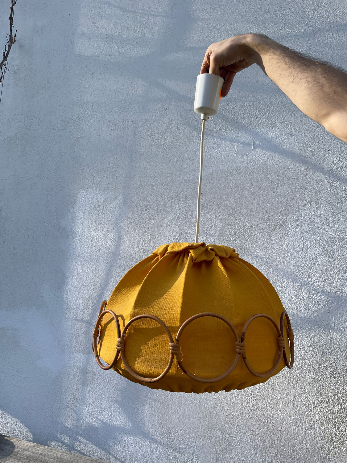 Wooden rattan and fabric suspension