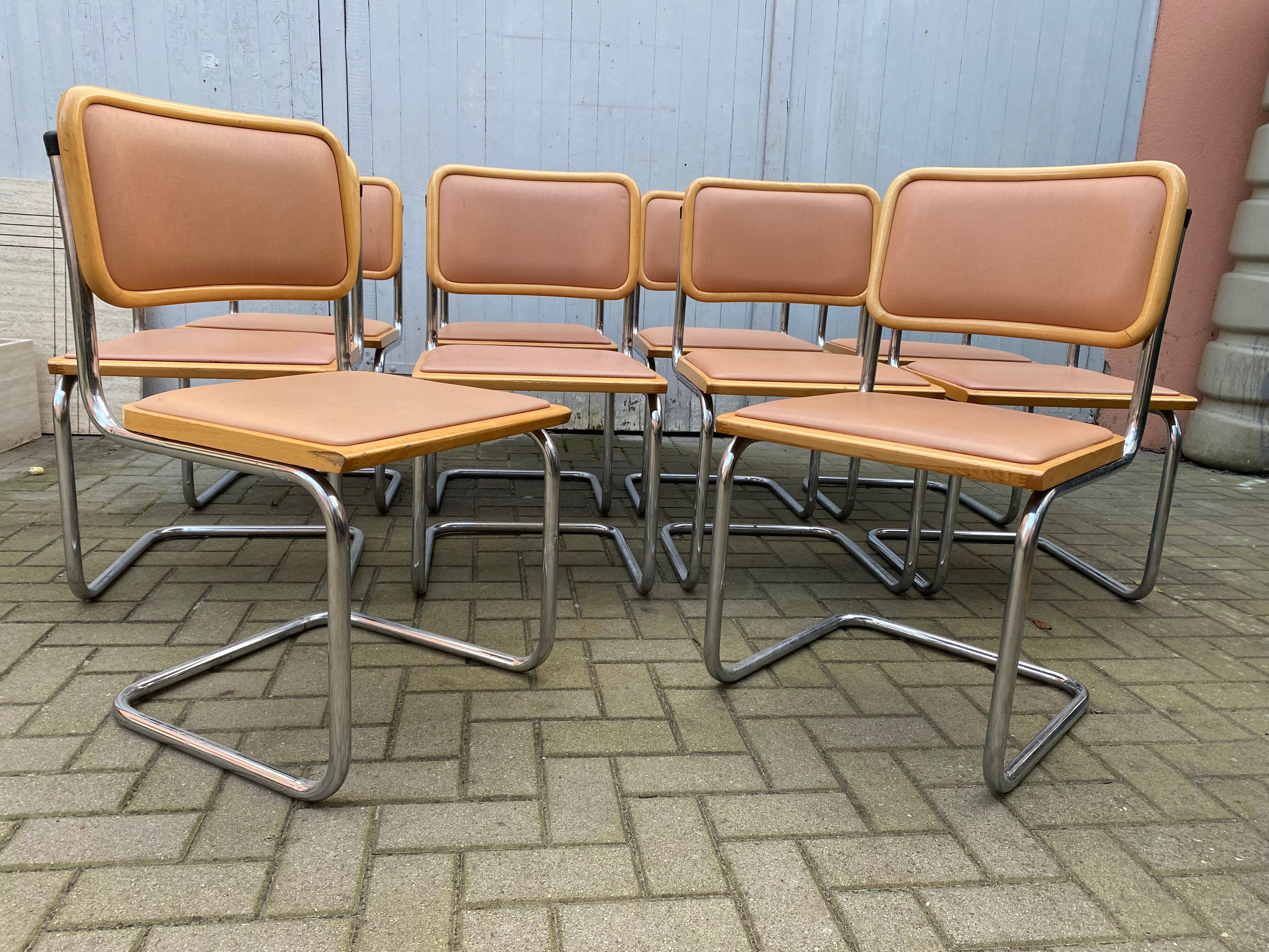 Set of 10 vintage chairs Marcel Breuer cesca b32 wood and skaï 1960