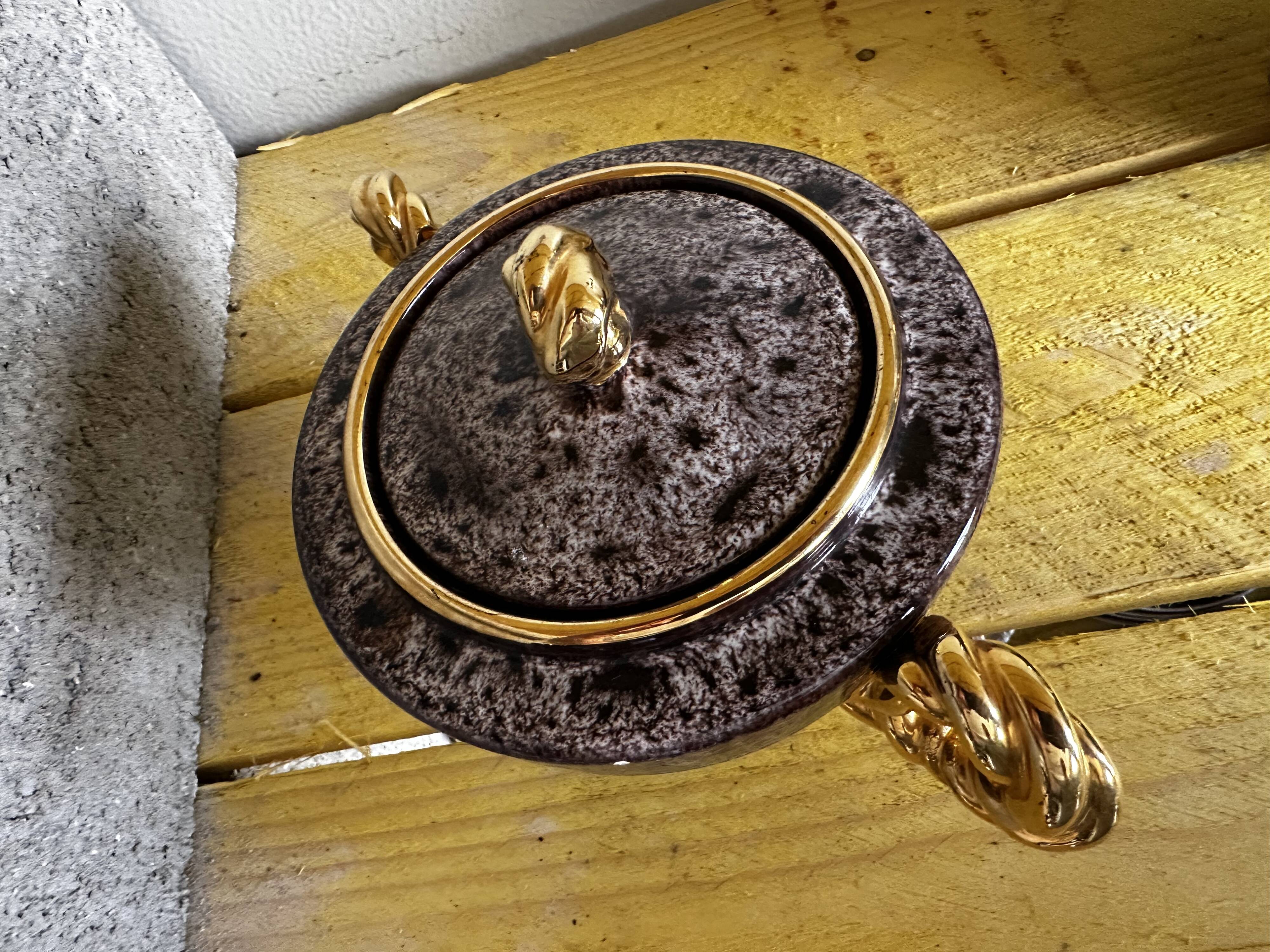 Vallauris ceramic sugar bowl, burgundy and gilded, by Marius Giuge