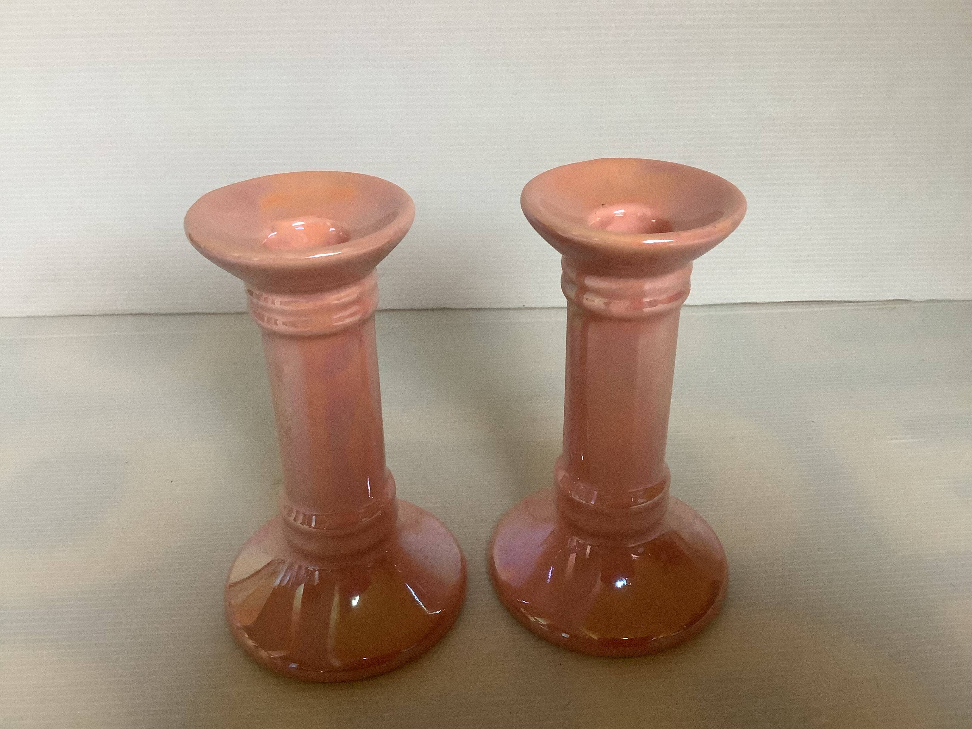 Pair of iridescent pearly pink candlesticks from the 70s