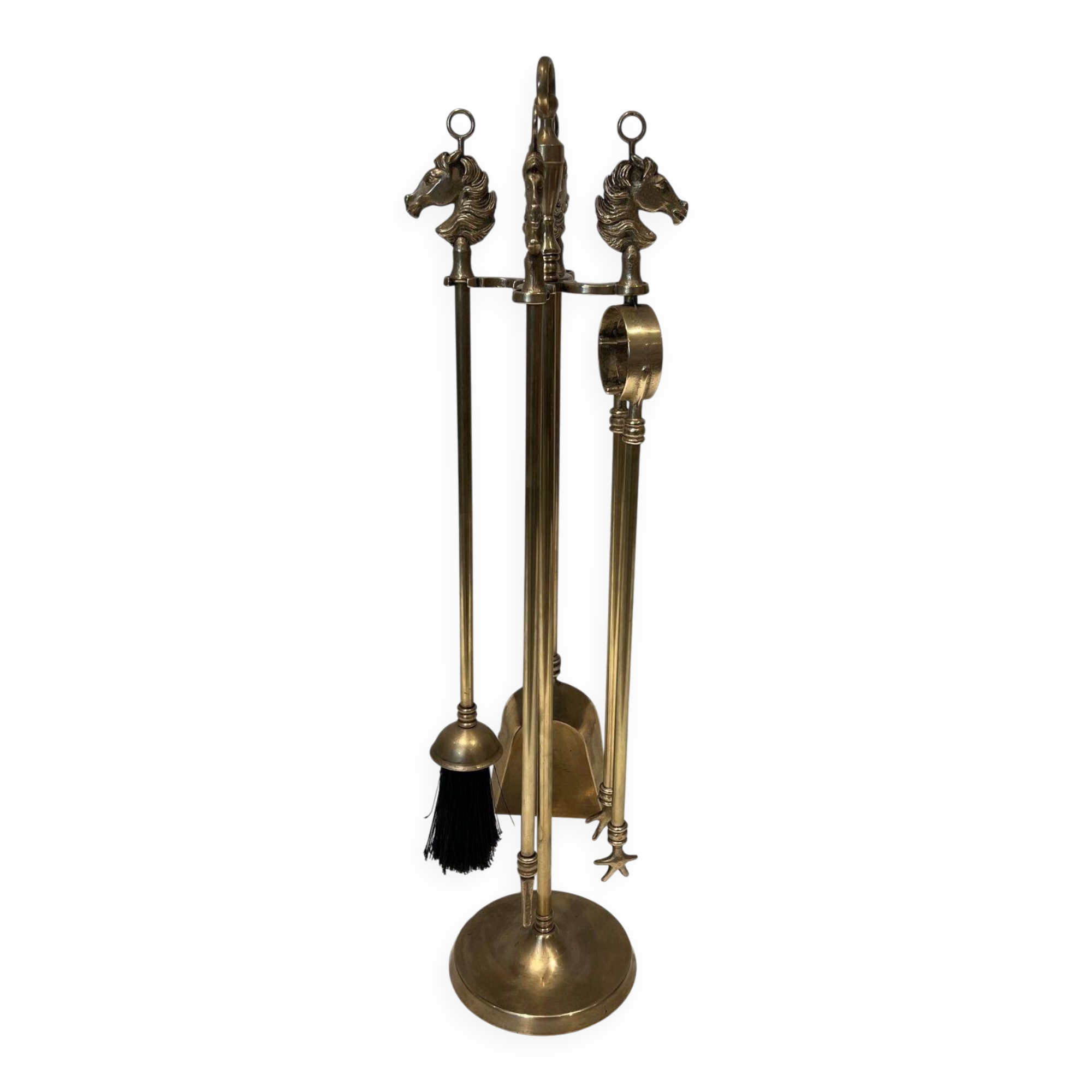 Neoclassical Brass Fire Tool Set with Horse Head Handles, in the