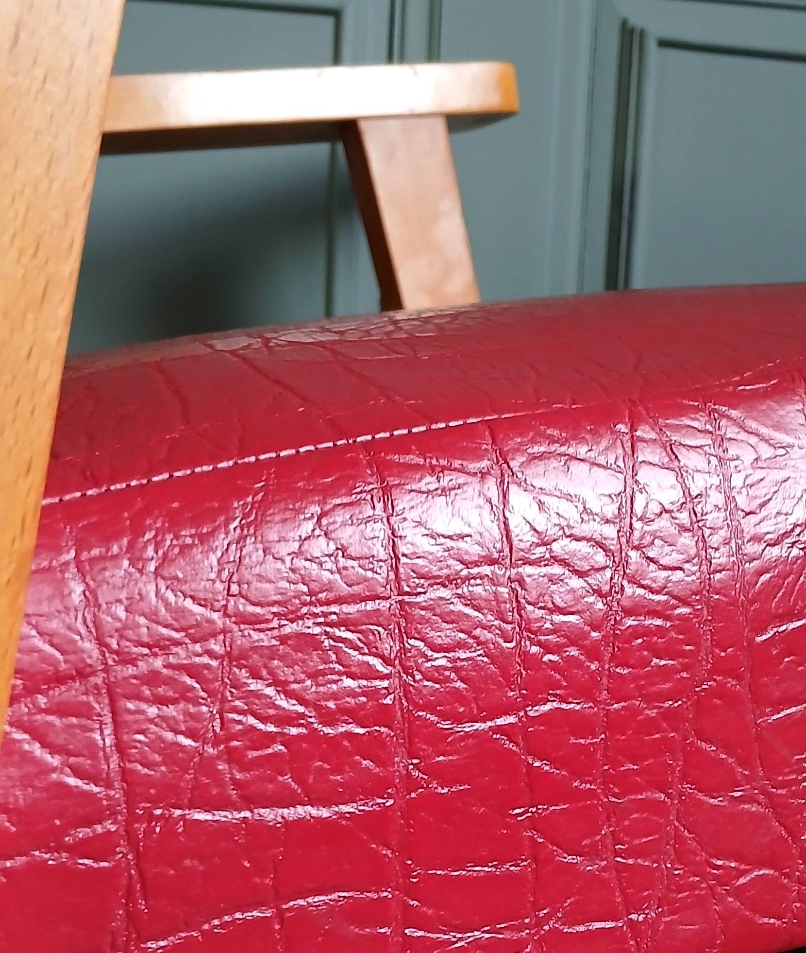 Compass leg armchair in solid beech & red crocodile-effect faux leather