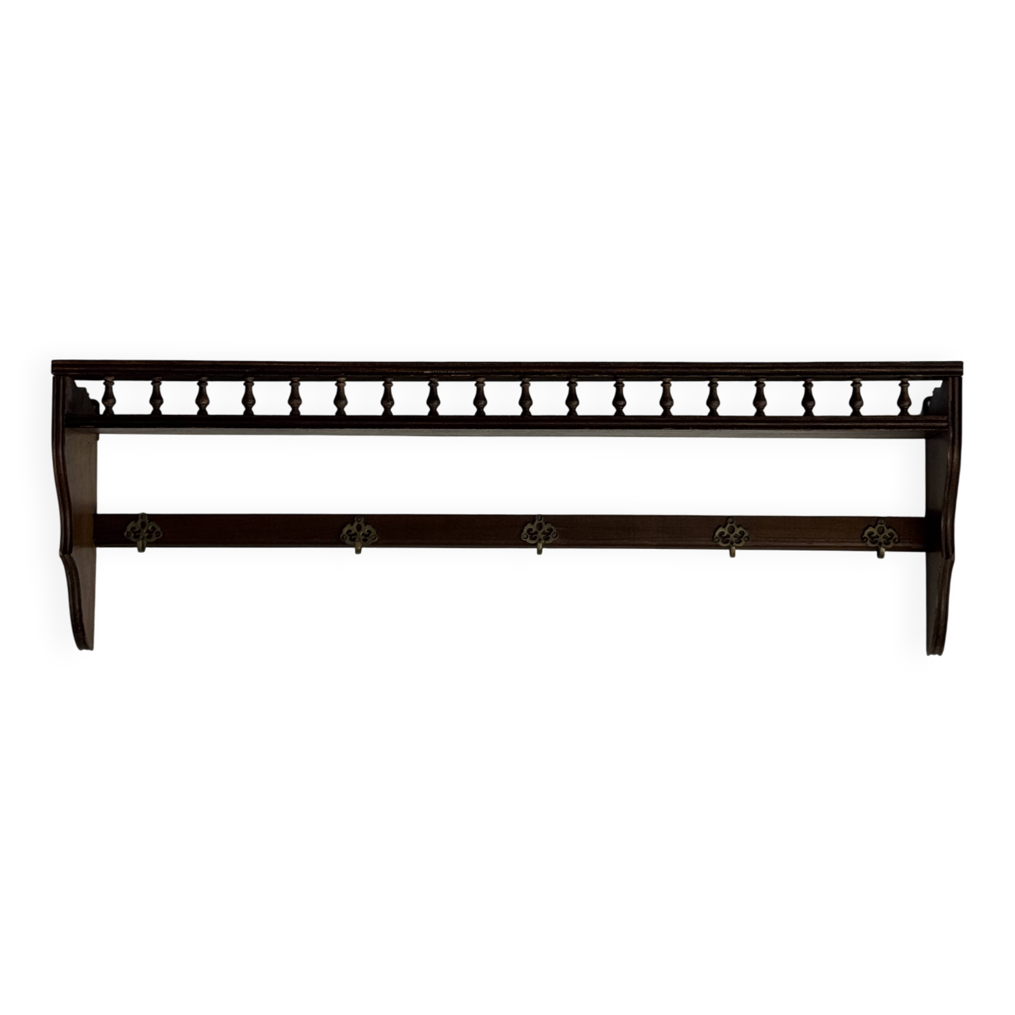 Antique wooden wall shelf with a turned gallery and 5 hooks L120 H40 D18