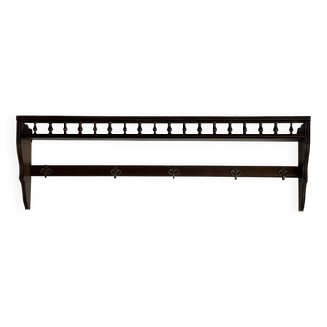 Étagère murale ancienne en bois à galerie tournée et 5 patères L120 H40 P18