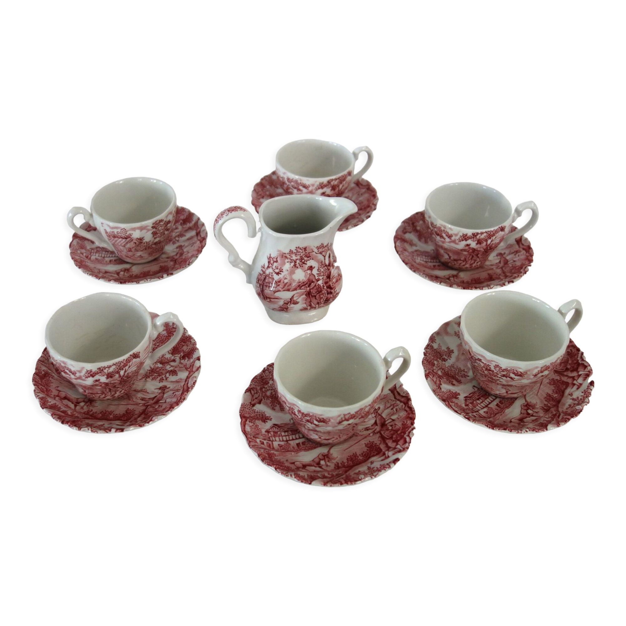 Set of 6 cups with saucers and milk jug The Hunter, England vintage