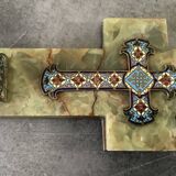 Wall cross with a holy water font in enamel and onyx, 19th century.
