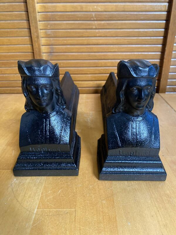 Paire de chenets cheminée raphaël tête homme fonte noire vintage #e236