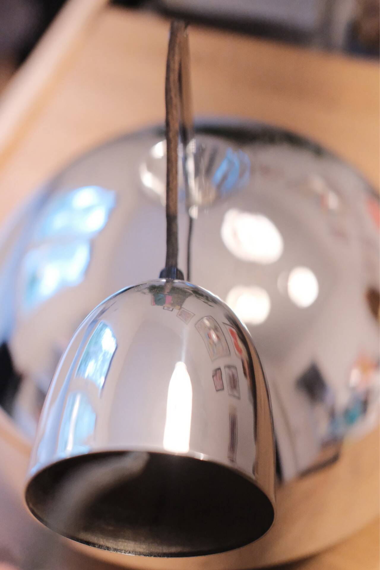 Vintage chrome dome suspension light, space age 70s, concentric rings bla.