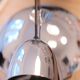 Vintage chrome dome suspension light, space age 70s, concentric rings bla.