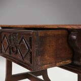 Table console espagnole ancienne en chêne avec tiroirs fabriqués à la main, 18ème siècle