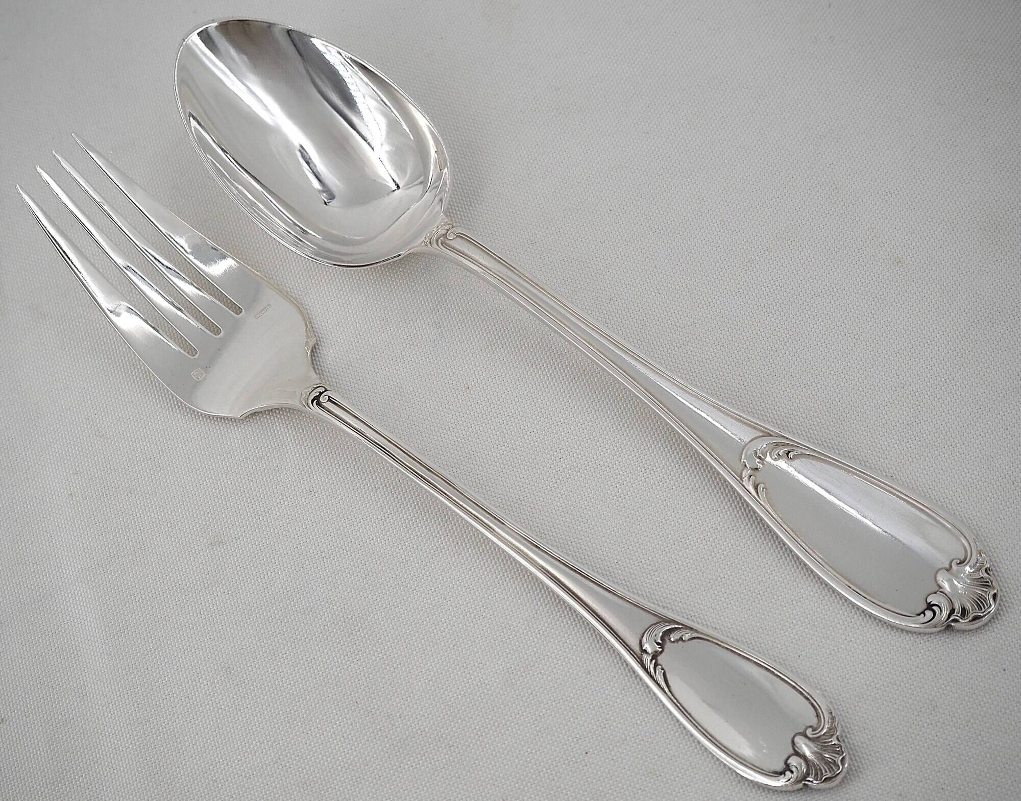 Ercuis Pompadour, set of 4 serving utensils, for stew and salad, silver-plated metal.