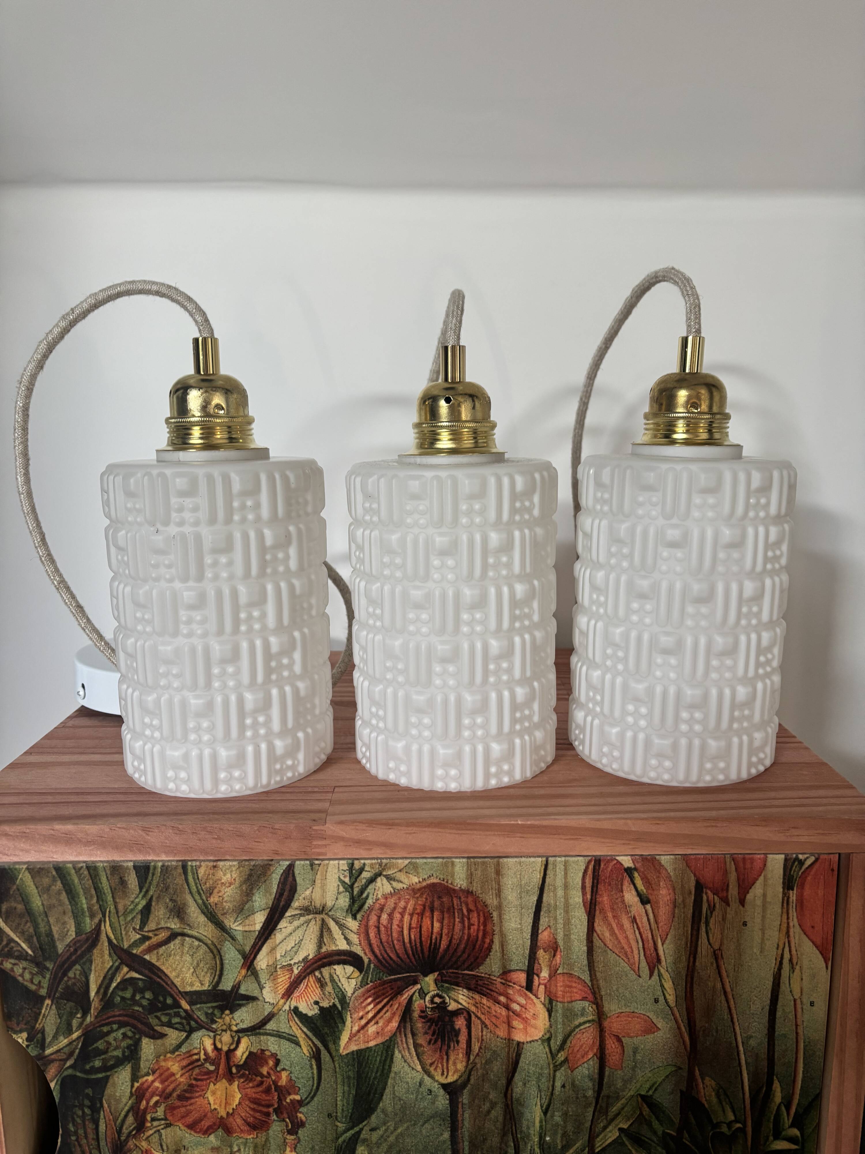 Set of three white Scandinavian opaline pendant lights