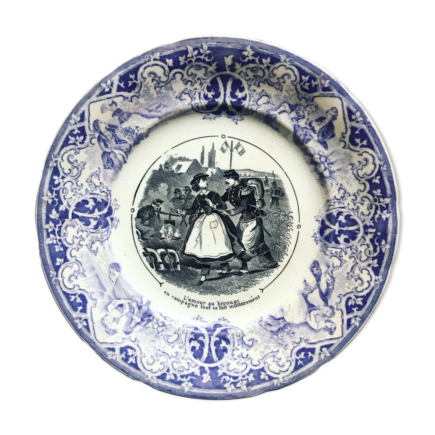 Old talking plate. Opaque from Sarreguemines. 19th century. Violet, black and white. Militaria. Love