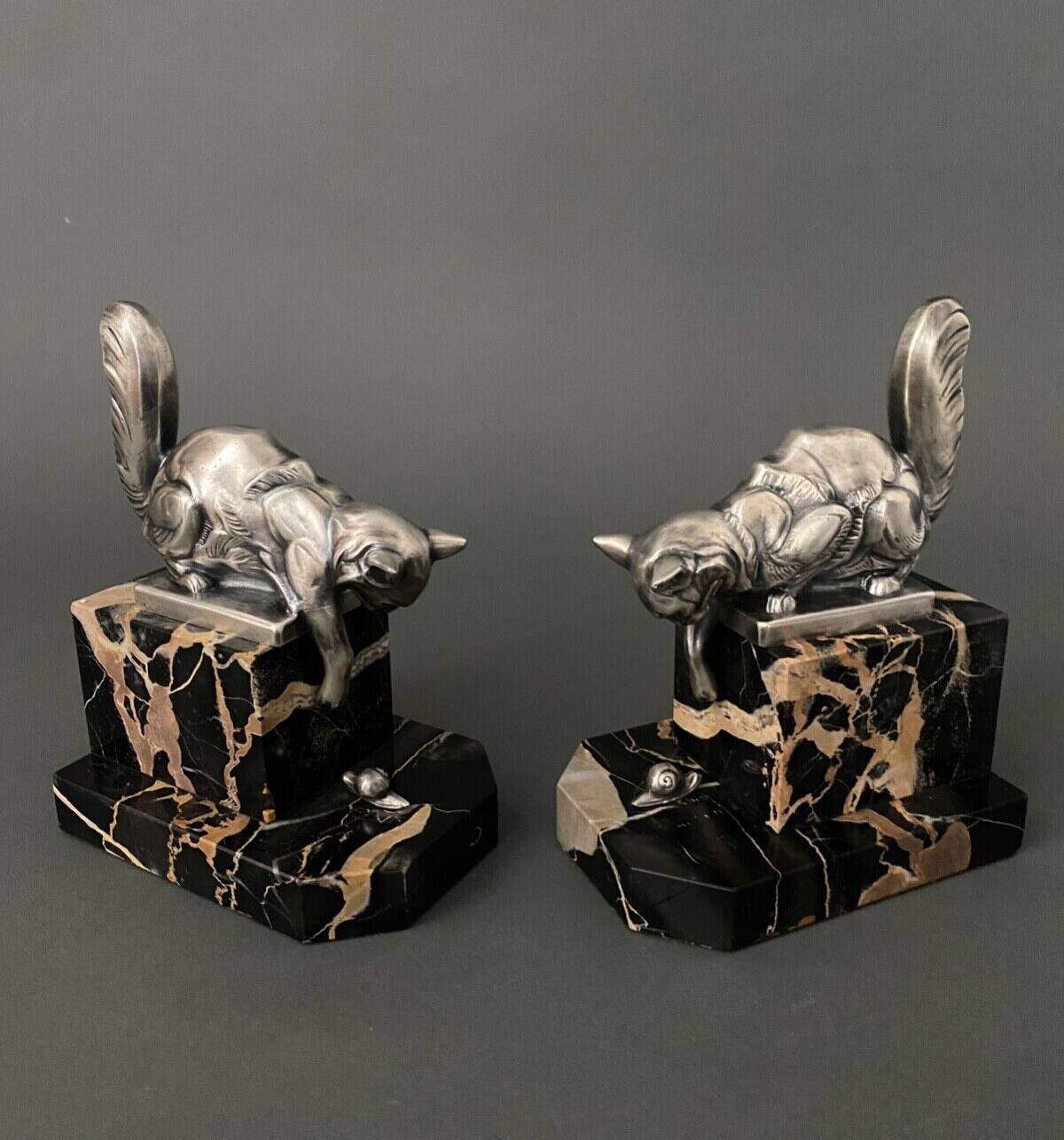 Pair of Hippolyte Moreau Art Deco spelter cat bookends