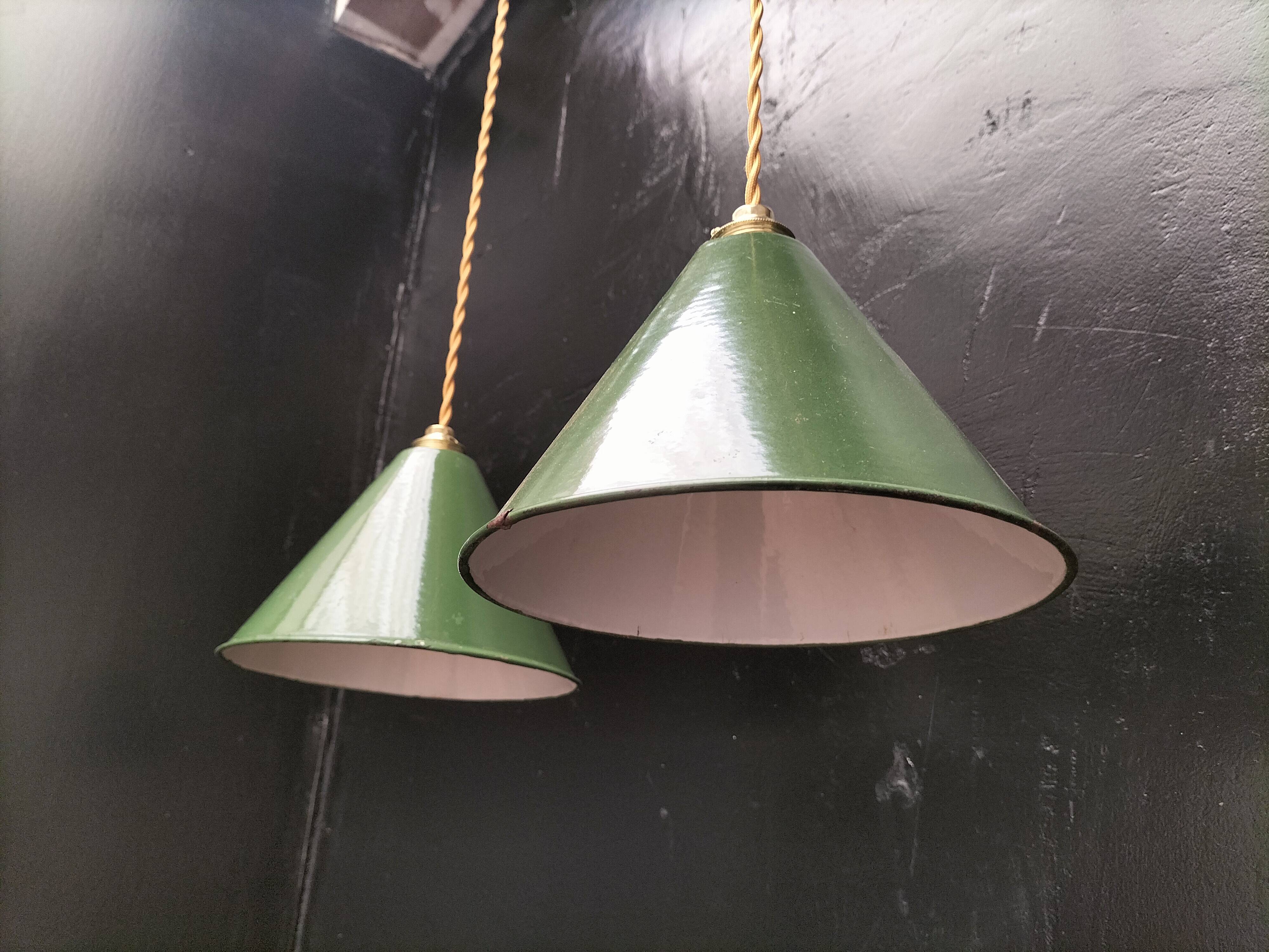 2 enameled sheet metal cone pendants