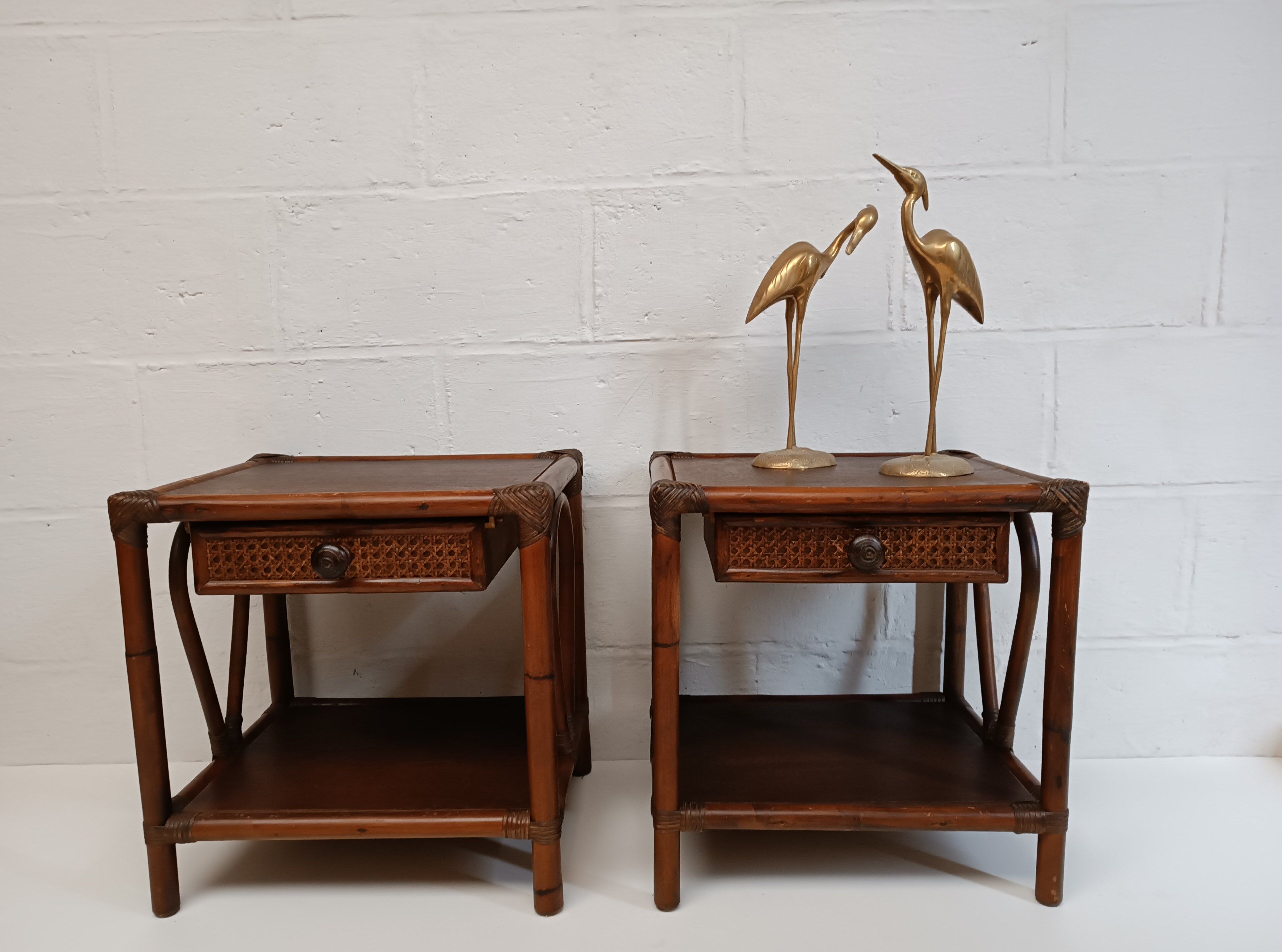 Pair of wooden bedside tables, bamboo and canning
