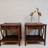 Pair of wooden bedside tables, bamboo and canning