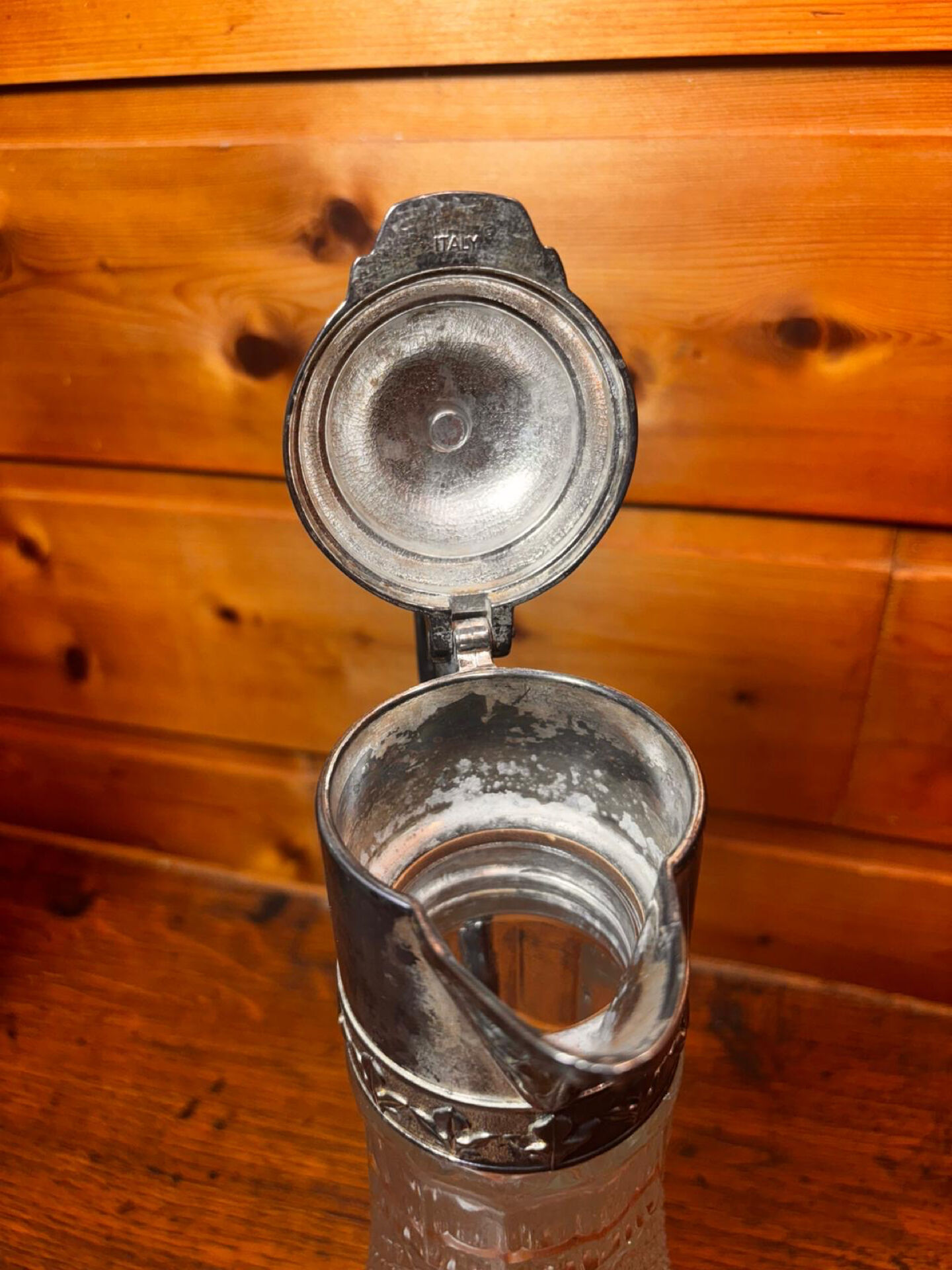 Beautiful moulded glass carafe jug, silver-plated mount, vintage.