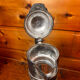 Beautiful moulded glass carafe jug, silver-plated mount, vintage.