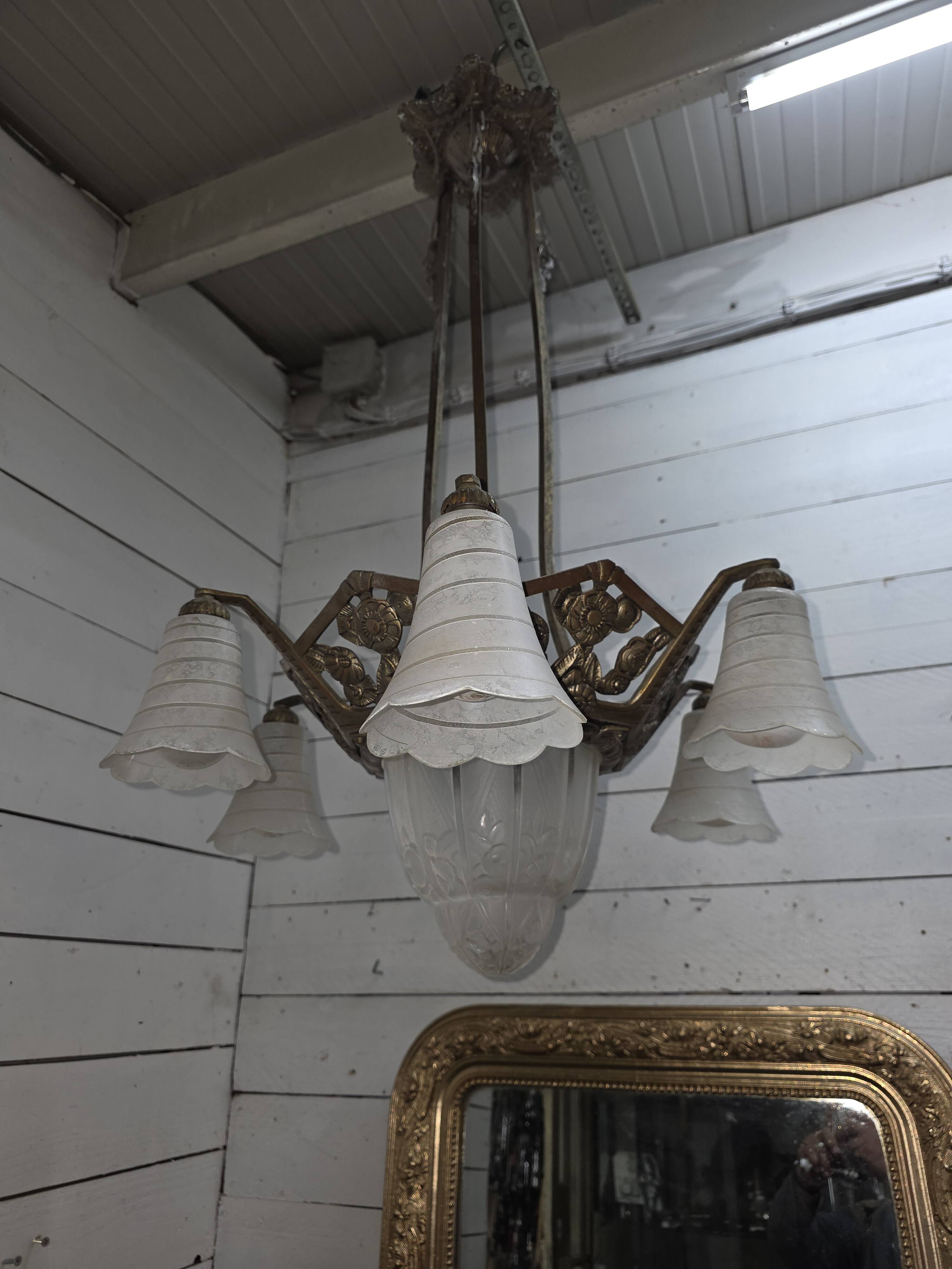 1930s Art Deco bronze chandelier