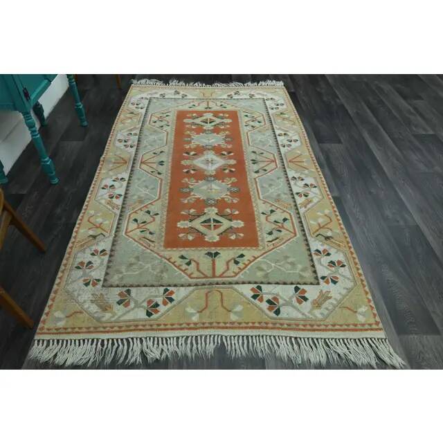 1970s Vintage Turkish Handmade Wool & Cotton Orange Area Rug 156x253