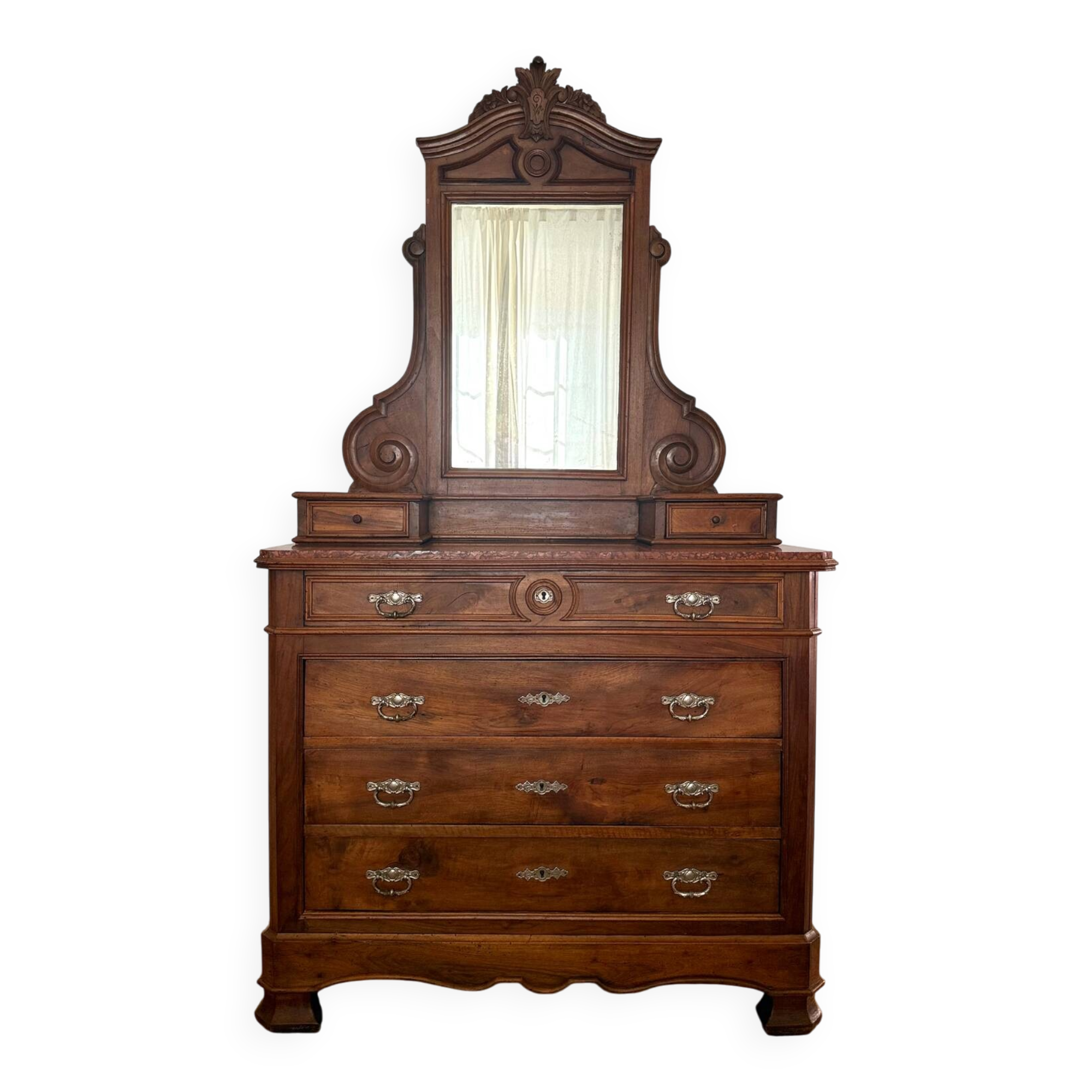 Louis-Philippe walnut commode with marble top and pediment mirror –