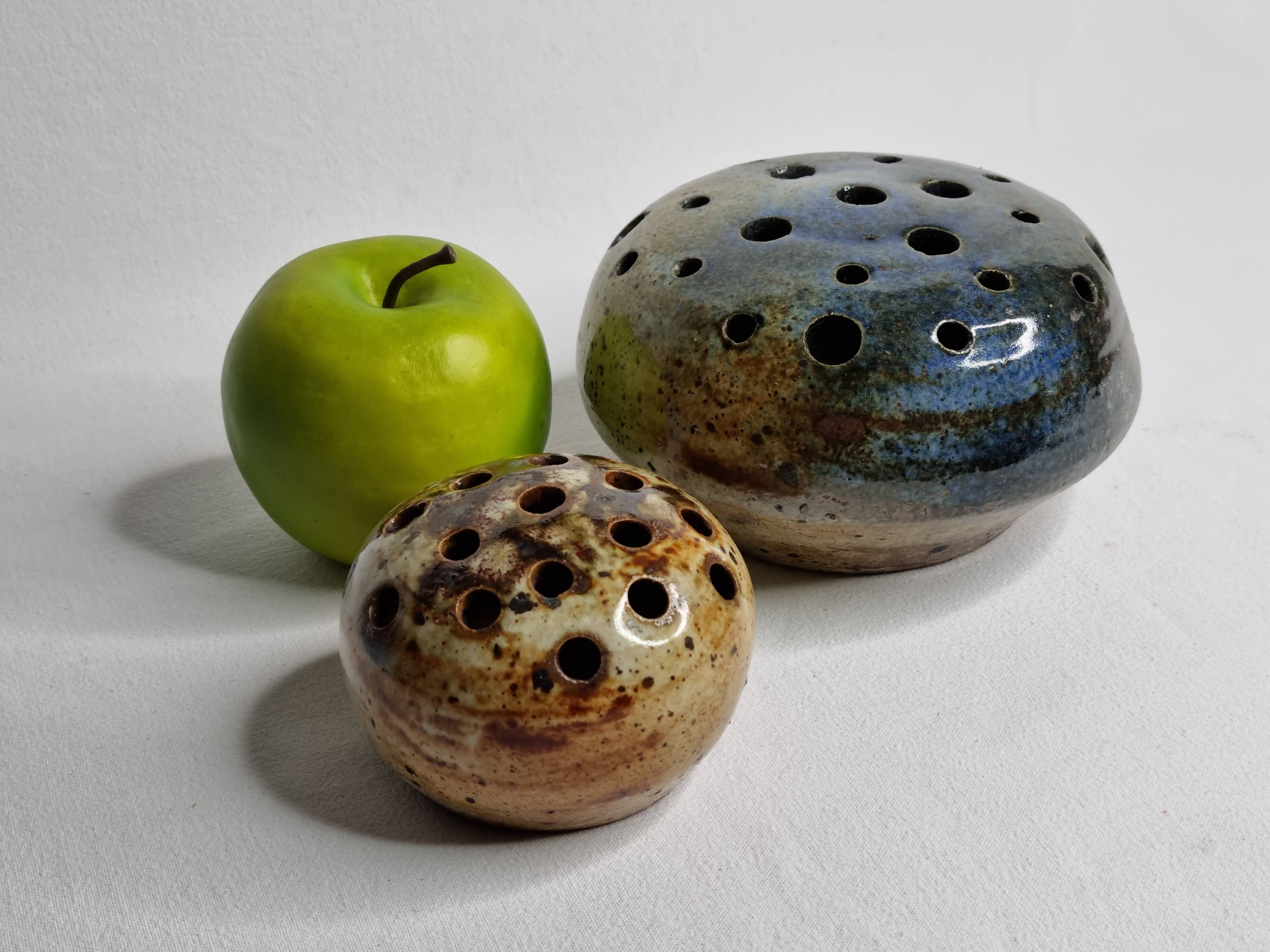 Set of two enamelled stoneware flower vases from "Vezelay" signed