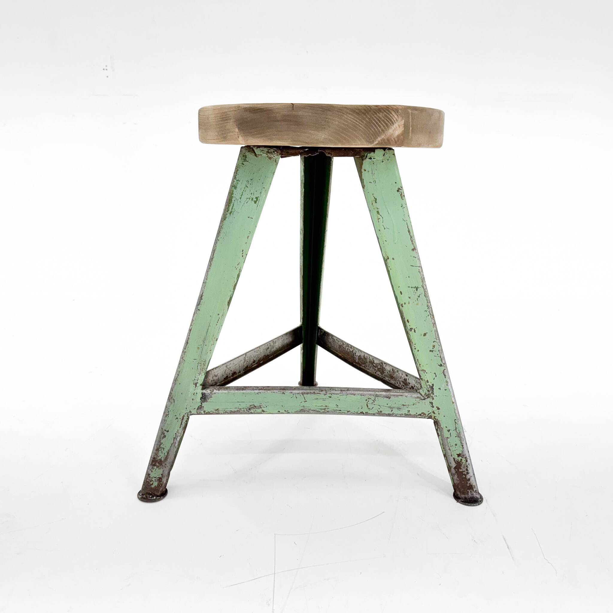 Vintage industrial steel & wood tripod stool, 1950's