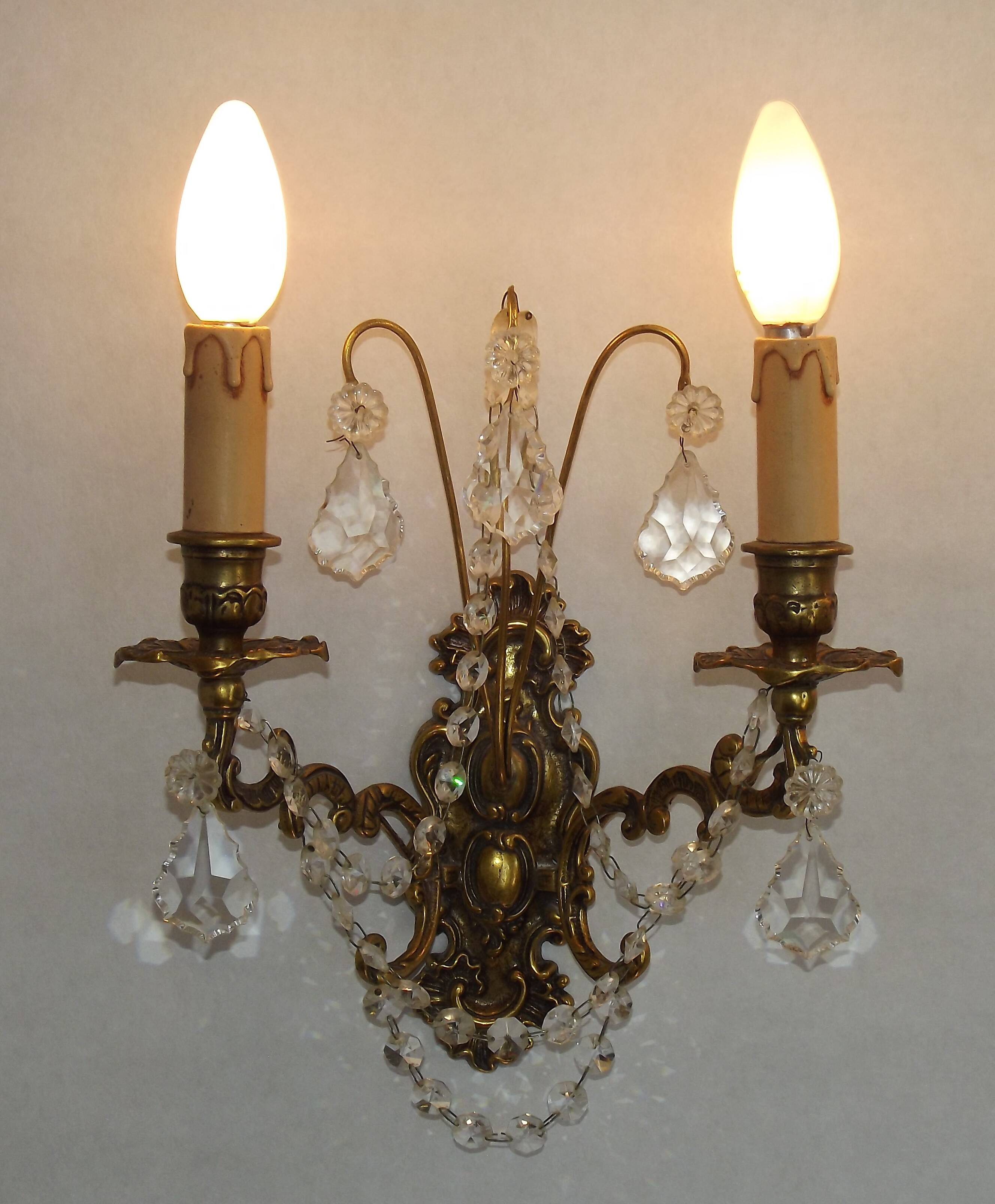 Pair of French Baroque Double Bronze Crystal Wall Lights Glass Bead Swags