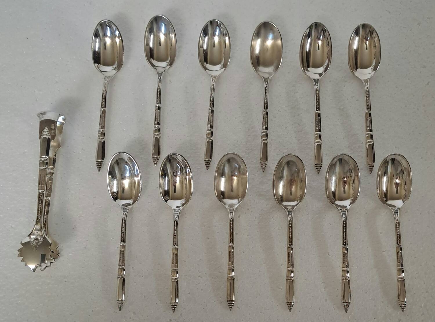 Box of 12 mocha spoons and 1 sugar tongs Ercuis silver metal
