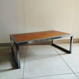 Vintage coffee table in elm burl and stainless steel base – Design 1970