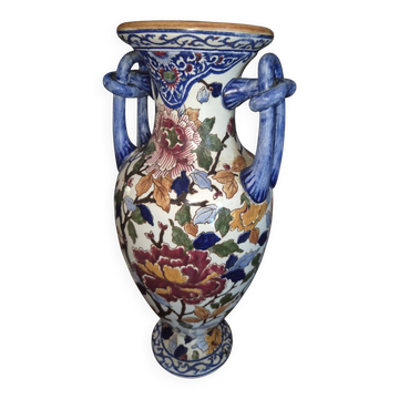Vase à anses nouées en faïence de Gien - Décor Pivoines