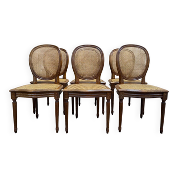 Set of 6 Louis XVI medallion chairs with caning.