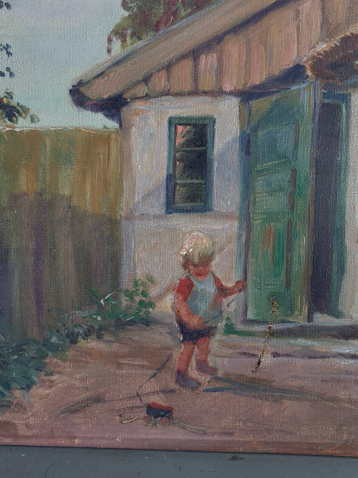 Old oil on canvas: Child playing in a courtyard, dated 1919 39x32.5 cm SB