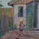 Old oil on canvas: Child playing in a courtyard, dated 1919 39x32.5 cm SB