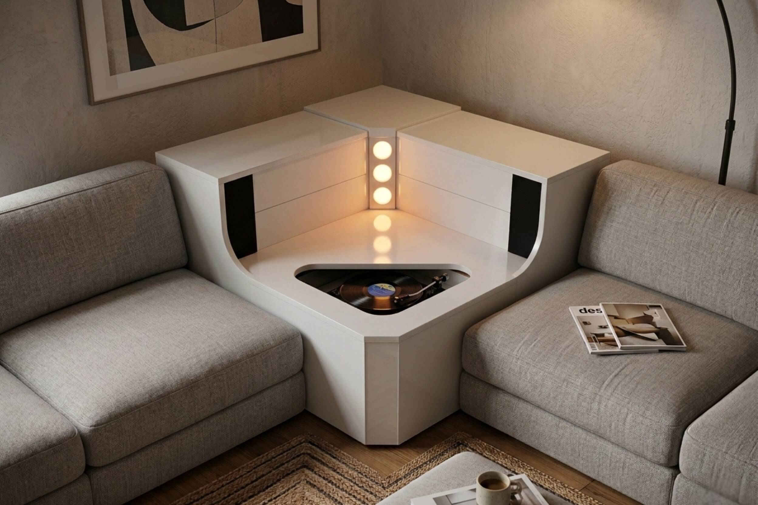 Mobile angulaire de design avec tourne-disque intégré – Pièce unique vintage