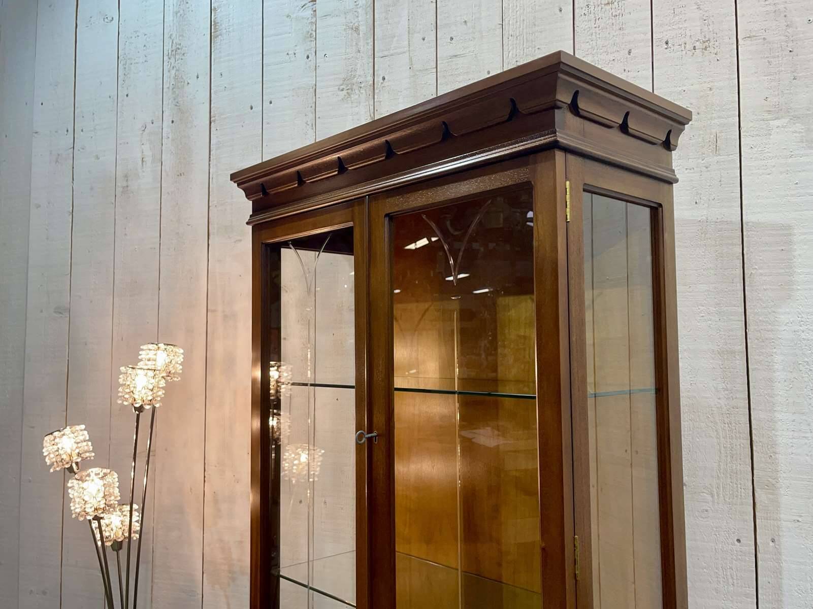 English display cabinet with two sections made of yew from the 1980s.