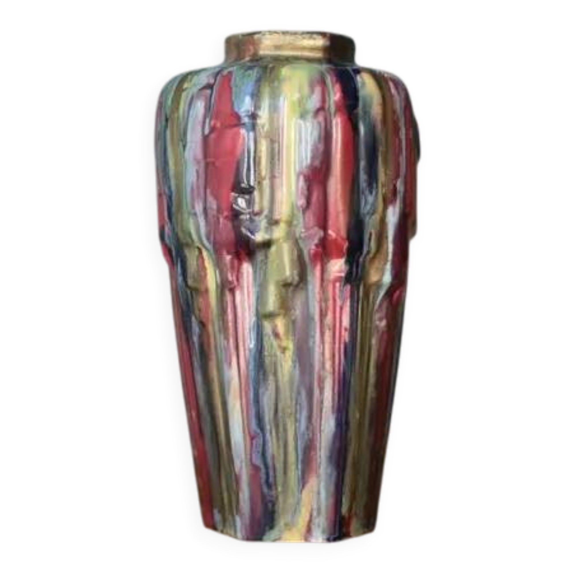 Vase signed Louis Gueule – Elgé Vierzon, multicoloured polychrome earthenware vase in geometric shape, collection.