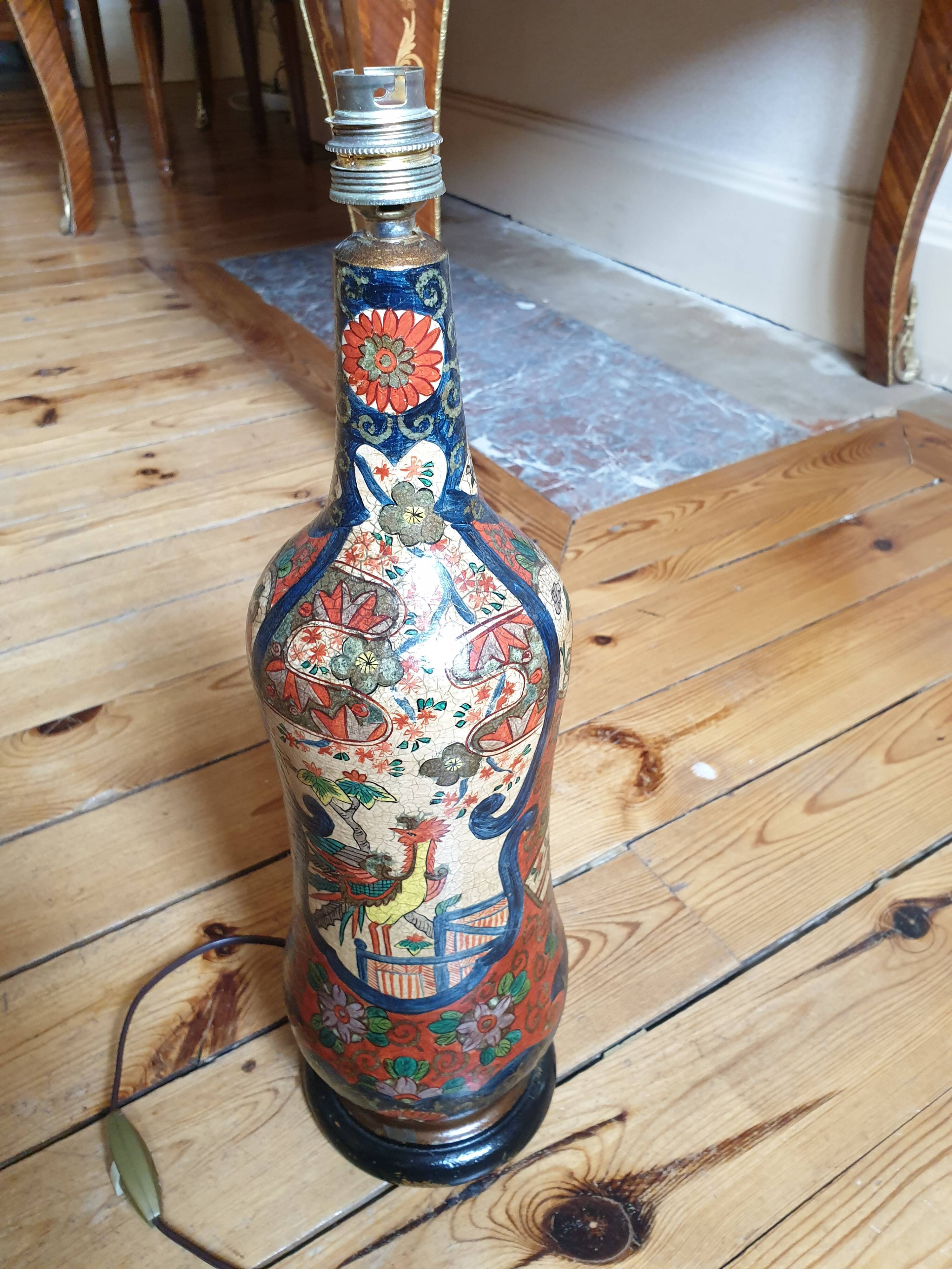 Multicolored painted wooden lamp with floral and animal decoration