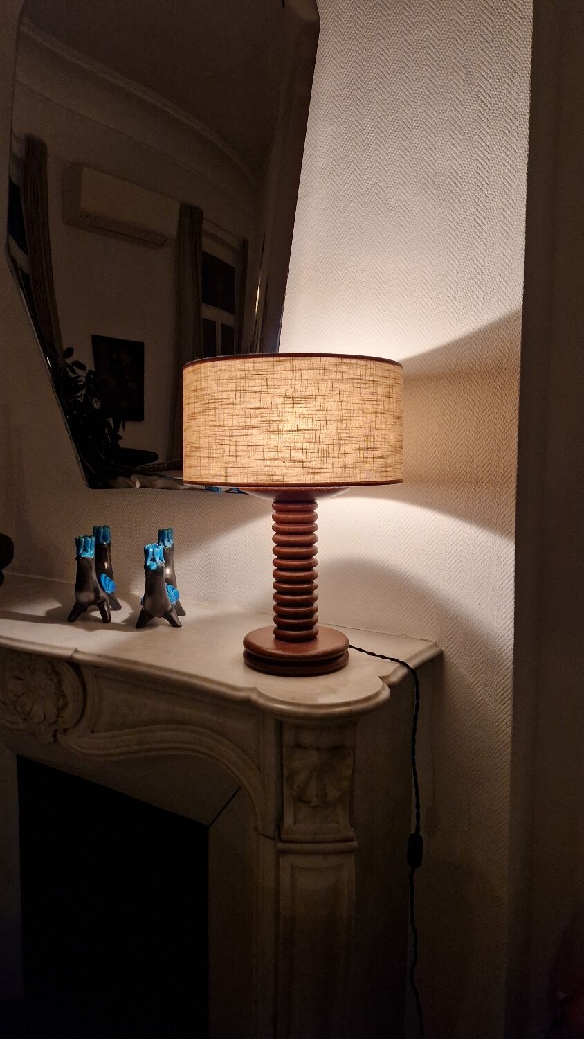 Vintage turned wooden lamp Art Deco style