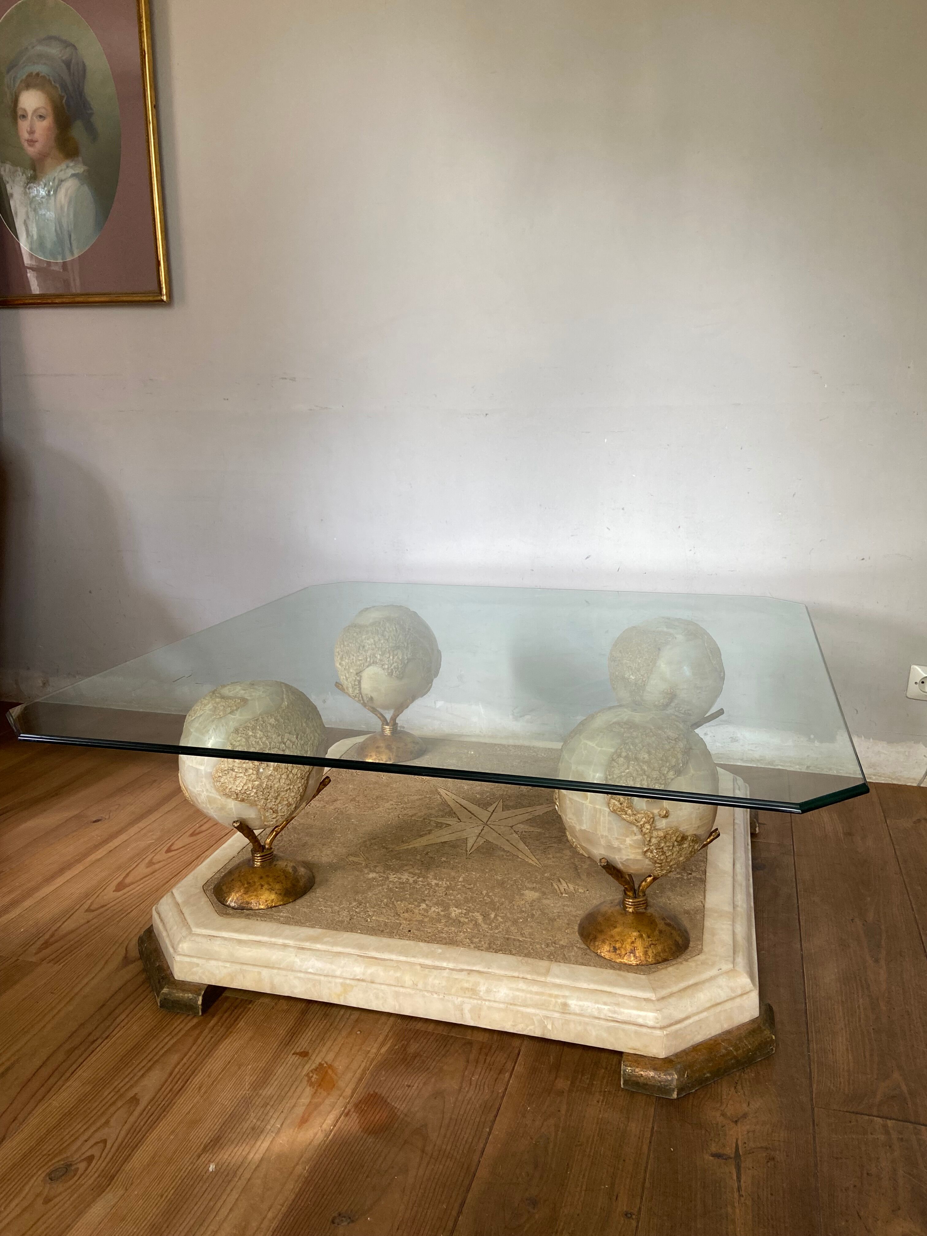 Design coffee table 70-80s in glass and alabaster