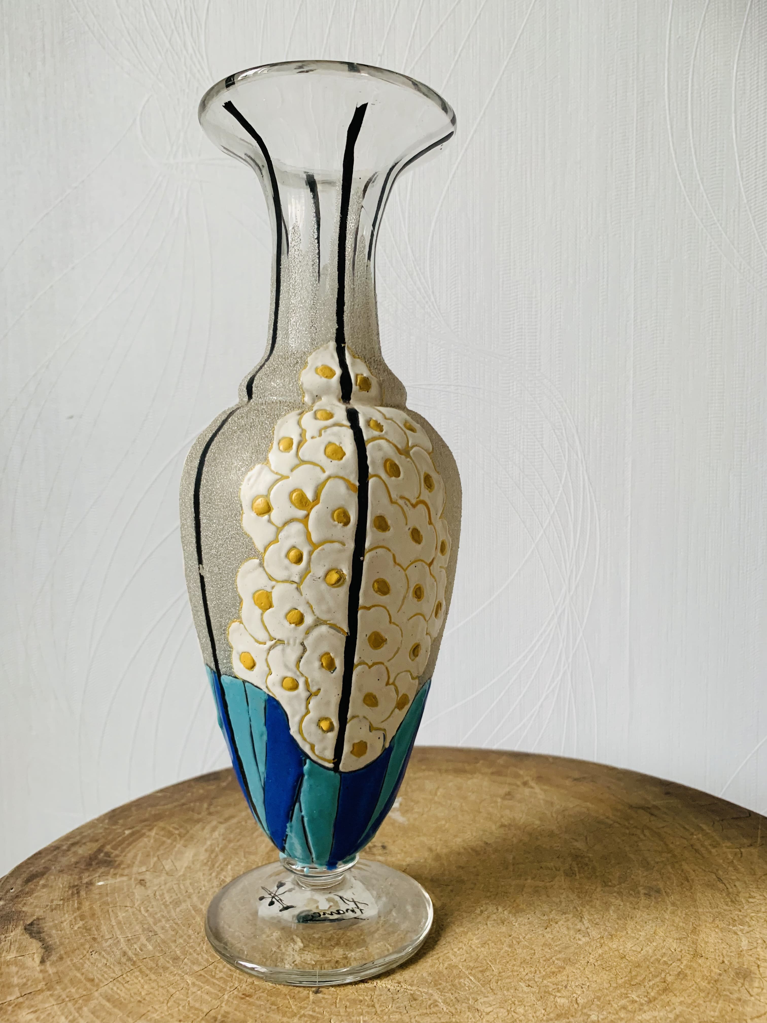 Glass and enamel vase with art deco flower decoration signed Mazoyer
