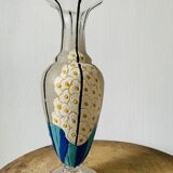 Glass and enamel vase with art deco flower decoration signed Mazoyer