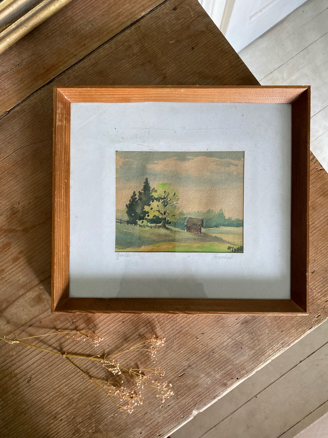 Framed watercolor landscape signed 1949