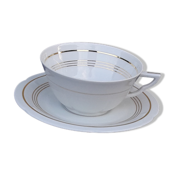 Tasse à thé  avec soucoupe en porcelaine de Limoges Charles Ahrenfeld  liseré doré