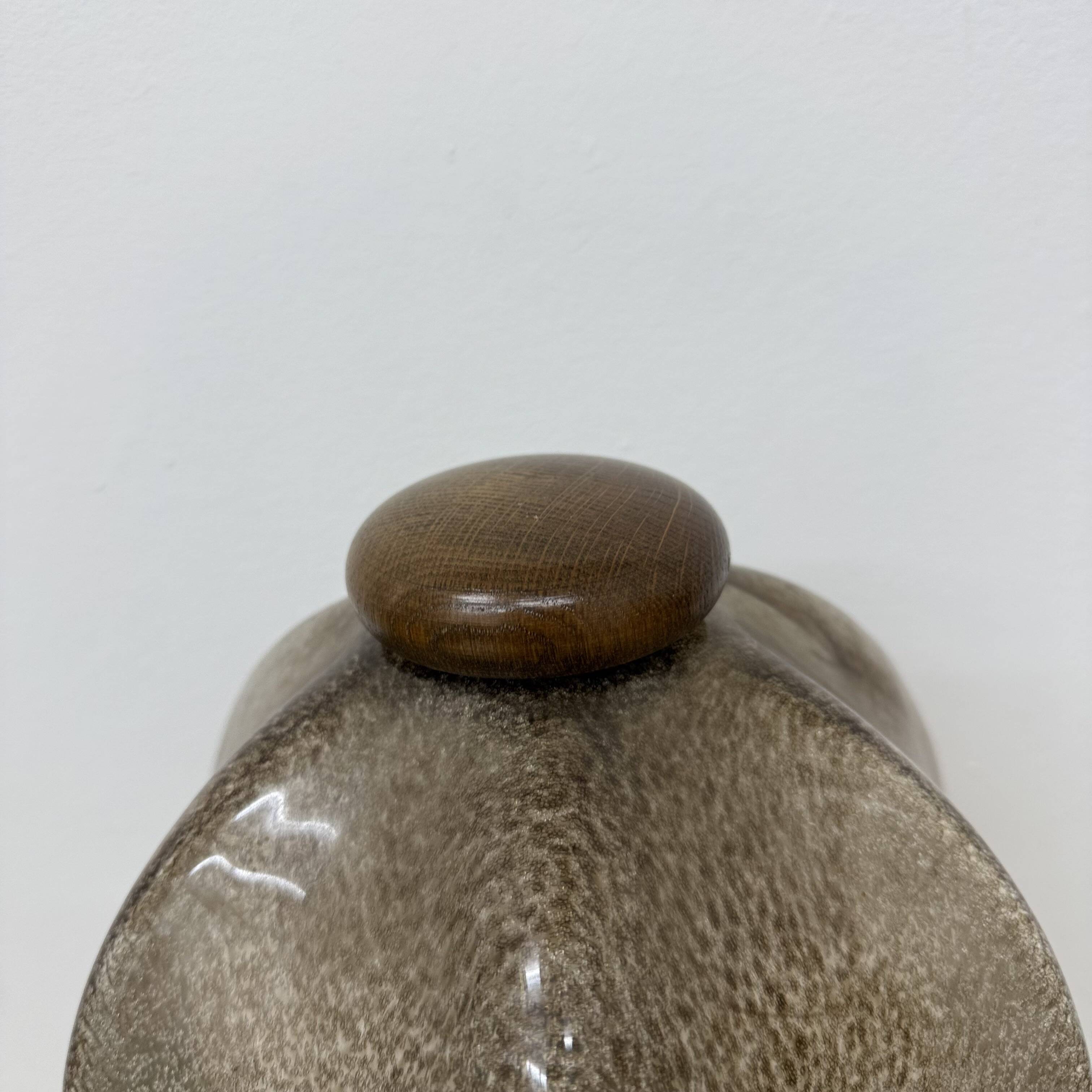 Vintage brutalist glass table lamp with solid oak wooden base , 1970s