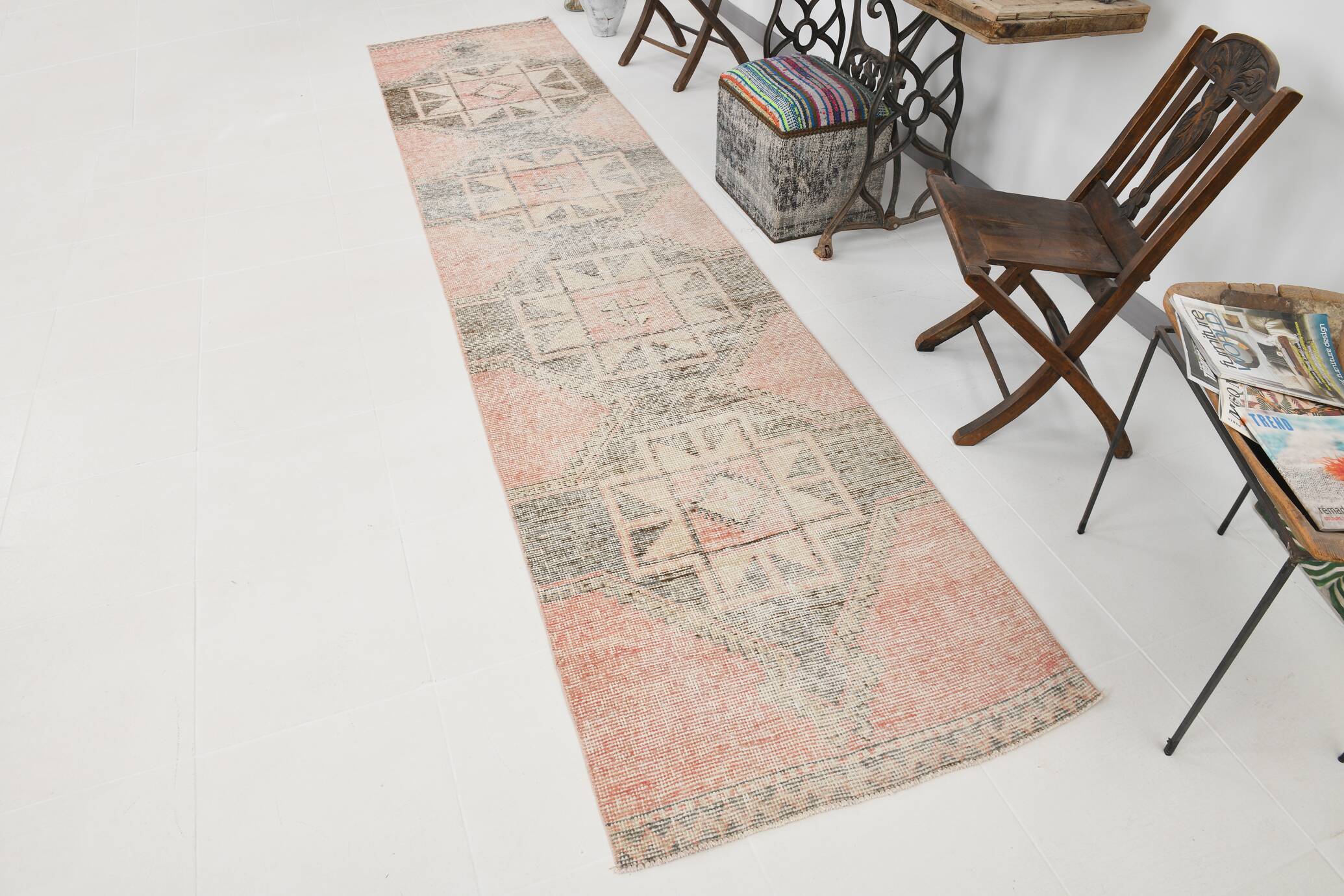 3x13 Pale Red Turkish Vintage Runner Rug, 87x400Cm SK 20299